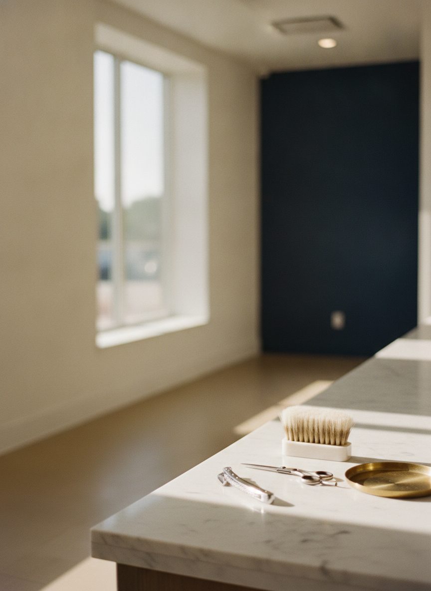 Barber station with scissors, straight razor, brush and brass tray on a marble counter