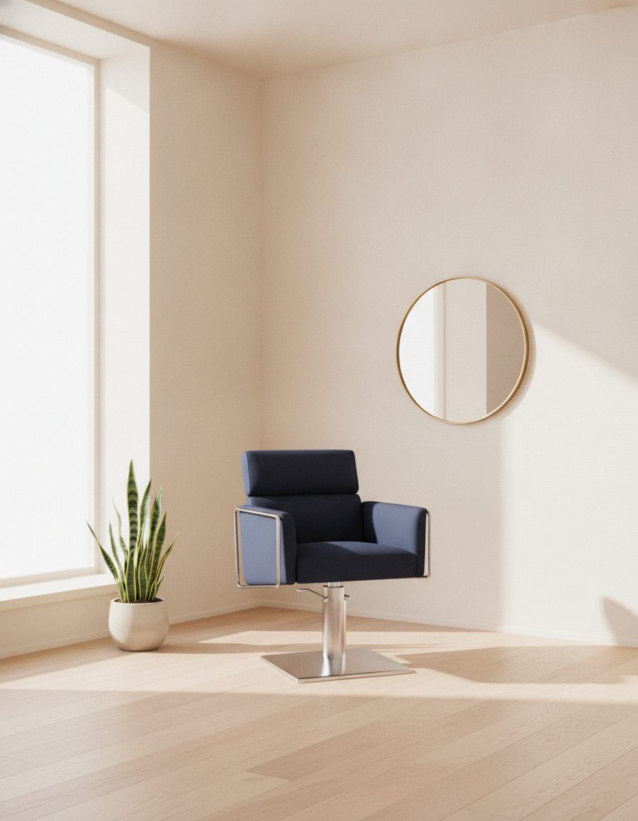A bright minimalist barber studio corner with a single chair by a tall window in warm morning light
