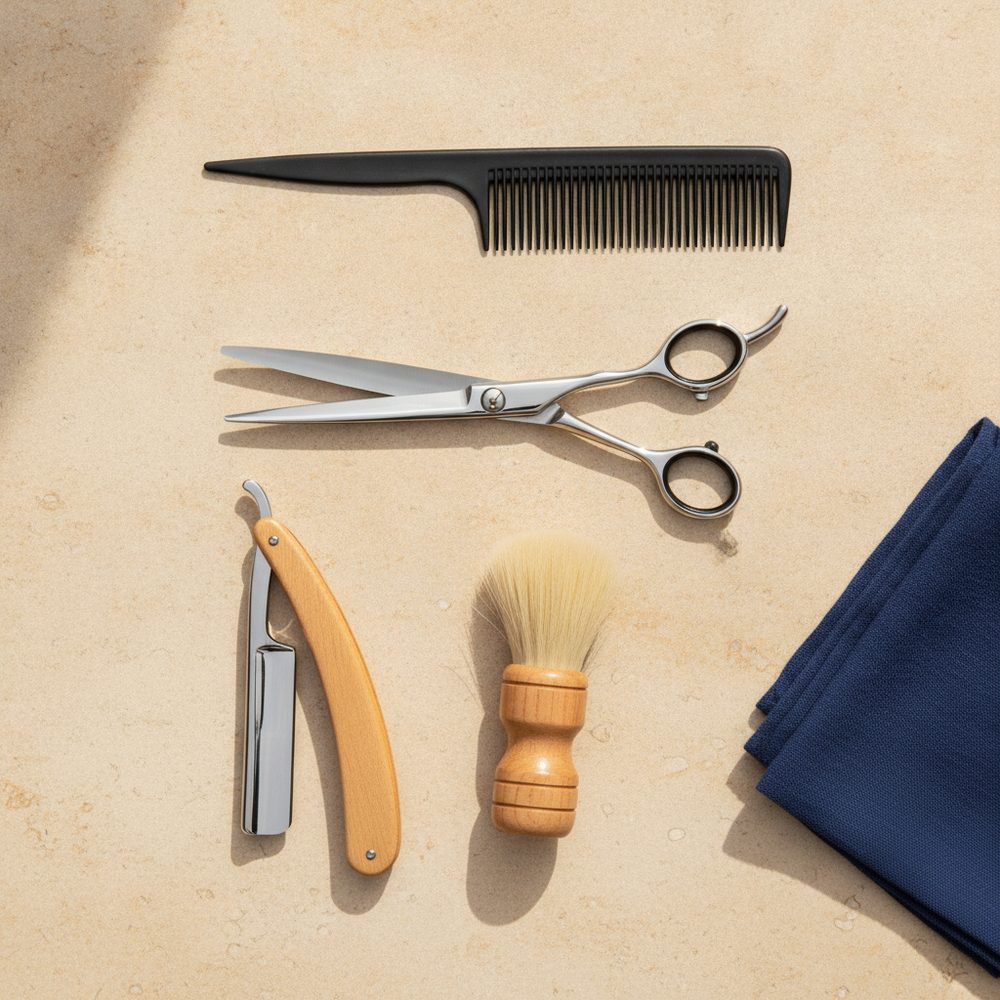 Barber tools laid out: comb, scissors, straight razor and brush on a warm stone surface